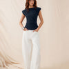 Cap Sleeve Fitted Peplum Top in Navy Blue