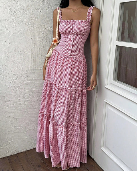 Square Neck Fit and Flare Tiered Gingham Sleeveless Maxi Dress in Powder Pink