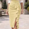 Slim Fit Asymmetric Ruffle Hem Solid Bodycon Midi Skirt in Vanilla