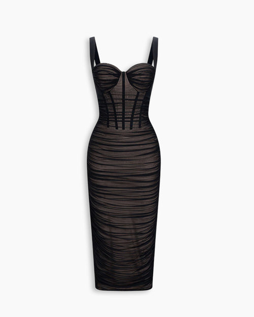 Sweetheart Neck Bodycon Ruched Sleeveless Dress in Classic Black