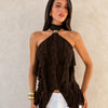 Halter Neck Asymmetric Ruffle Hem Solid Sleeveless Top in Cocoa Brown