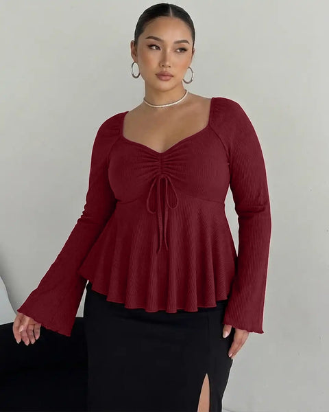 V Neck Ruched Flared Long Sleeve Top Curve And Plus in Maroon