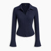 Collared V-Neck Crinkle Textured Fitted Button-Front Top in Navy Blue