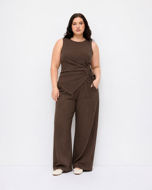 Textured Wrap Top & Wide Leg Pants Co-Ord Set Curve and Plus in Espresso Brown