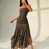 Strapless Bodycon Asymmetrical Hem Leopard Print Sleeveless Midi Dress in Cocoa Brown