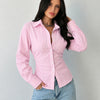 Collared V-Neck Ribbed Fitted Button-Front Top in Baby Pink
