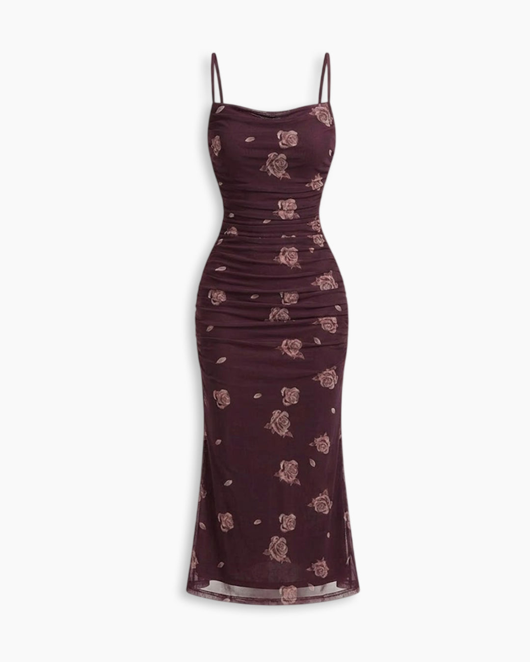 Ruched Mesh Bodycon Midi Dress With Floral Print And Spaghetti Straps in  Deep Maroon- Littlebox India