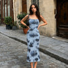 Ruched Mesh Bodycon Midi Dress With Floral Print And Spaghetti Straps in Dusty Blue