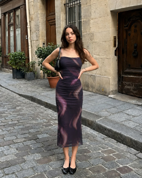 Ruched Mesh Bodycon Midi Dress With Abstract Print And Spaghetti Straps In Soft Black
