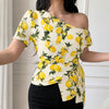 Off Shoulder Fitted Wrap Top With Lemon Print in Butter Yellow