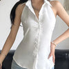 Collared Neck Fitted Curved Hem Solid Sleeveless Top in Classic White
