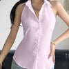 Collared Neck Fitted Curved Hem Solid Sleeveless Top in Baby Pink