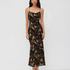 Ruched Mesh Bodycon Midi Dress With Butterfly Floral Print And Spaghetti Straps in Classic Black