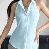 Collared Neck Fitted Curved Hem Solid Sleeveless Top in Sky Blue