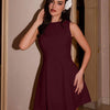 Round Neck Fit and Flare Sleeveless Mini Dress in Burgundy