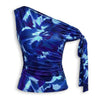 Asymmetrical Neck Abstract Print Ruched Knotted Top in Navy Blue