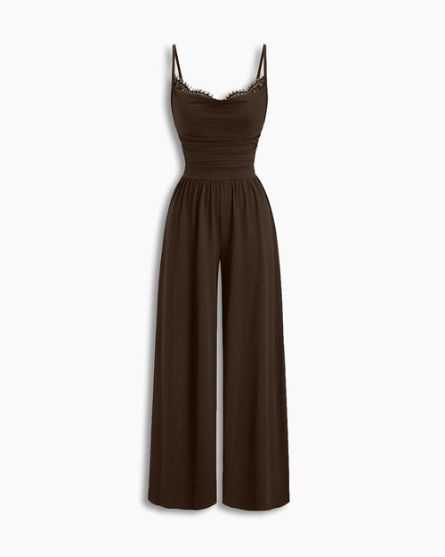 Lace Trim Sleeveless Wide Leg Jumpsuit in Chocolate Brown