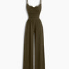 Lace Trim Sleeveless Wide Leg Jumpsuit in Coffee Brown