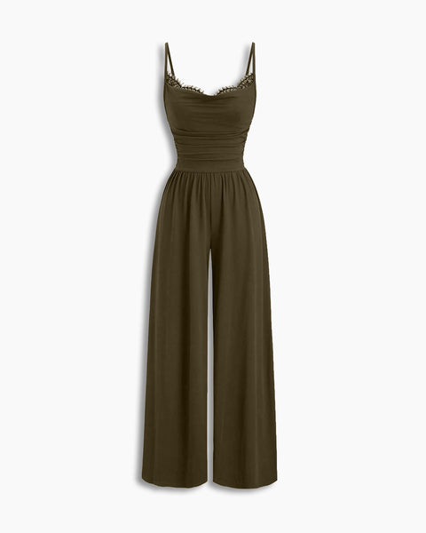 Lace Trim Sleeveless Wide Leg Jumpsuit in Coffee Brown