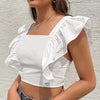 Square Neck Fitted Straight Hem Solid Ruffle Sleeves Crop Top in Classic White