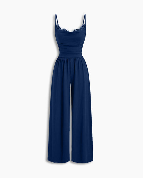 Lace Trim Sleeveless Wide Leg Jumpsuit in Pageant Blue
