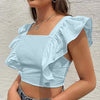 Square Neck Fitted Straight Hem Solid Ruffle Sleeves Crop Top in Sky Blue