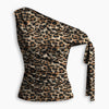 Asymmetrical Neck Leopard Pattern Ruched Knotted Top in Tan Brown