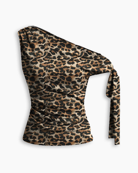 Asymmetrical Neck Leopard Pattern Ruched Knotted Top in Tan Brown