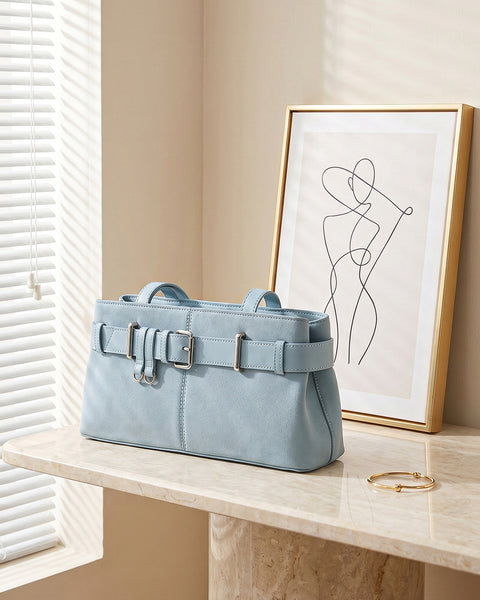 Buckle Detail Structured Shoulder Bag in Baby Blue