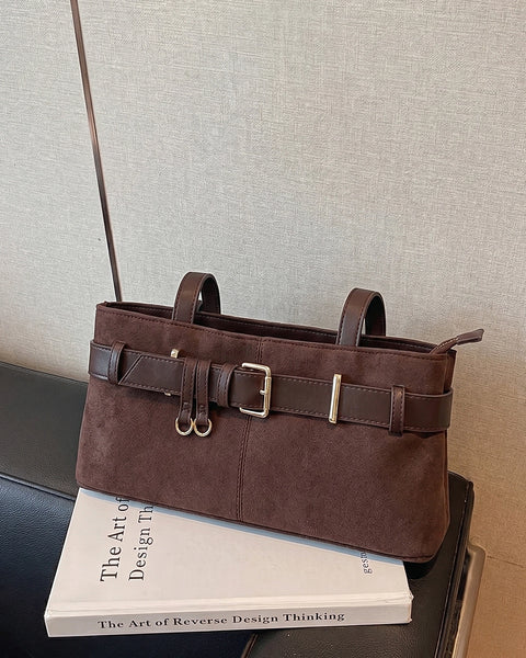 Buckle Detail Structured Shoulder Bag in Coffee Brown