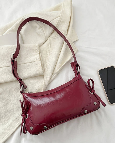 Glossy Shoulder Bag With Tie Detail in Cherry Red