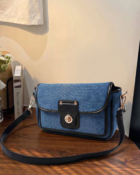 Turn Lock Denim Crossbody Sling Bag in Blue