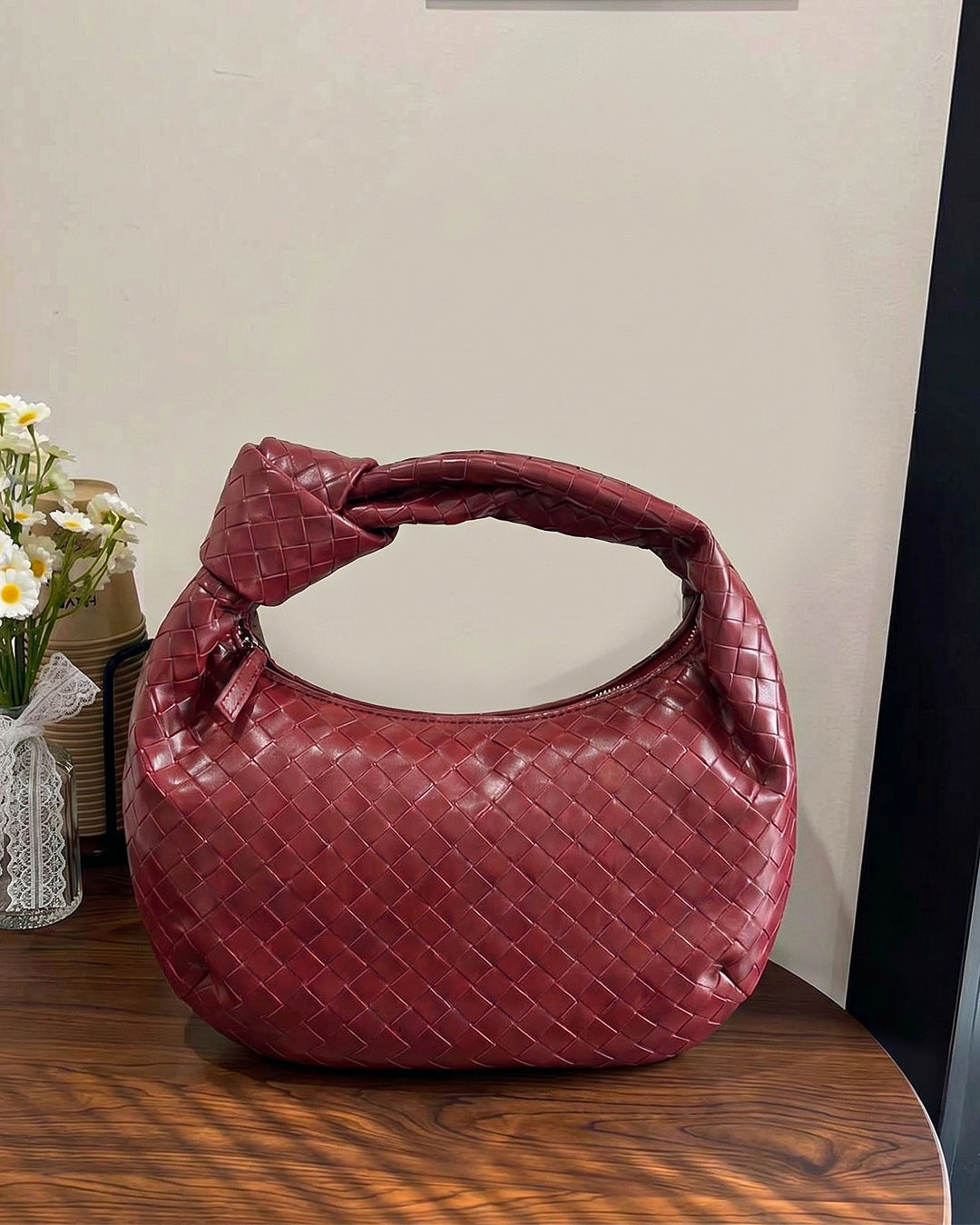 Puffy Knot Handle Shoulder Bag Maroon