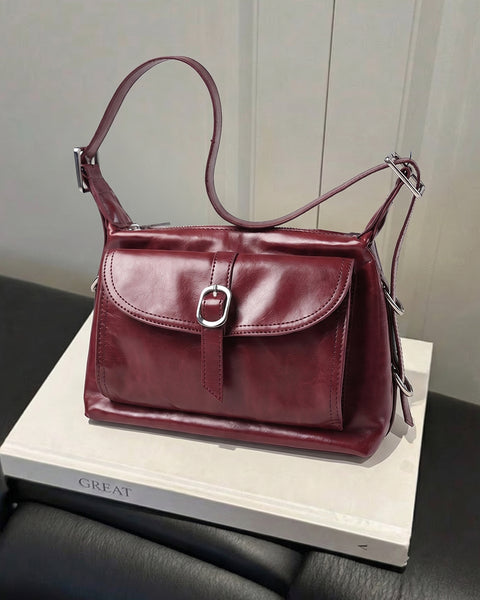 Buckle Closure Flap Detail Shoulder Bag in Cherry Red