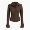 Collared V-Neck Crinkle Textured Fitted Button-Front Top in Coffee Brown