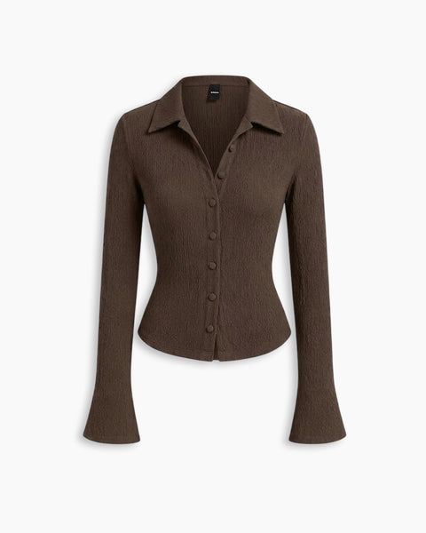 Collared V-Neck Crinkle Textured Fitted Button-Front Top in Coffee Brown