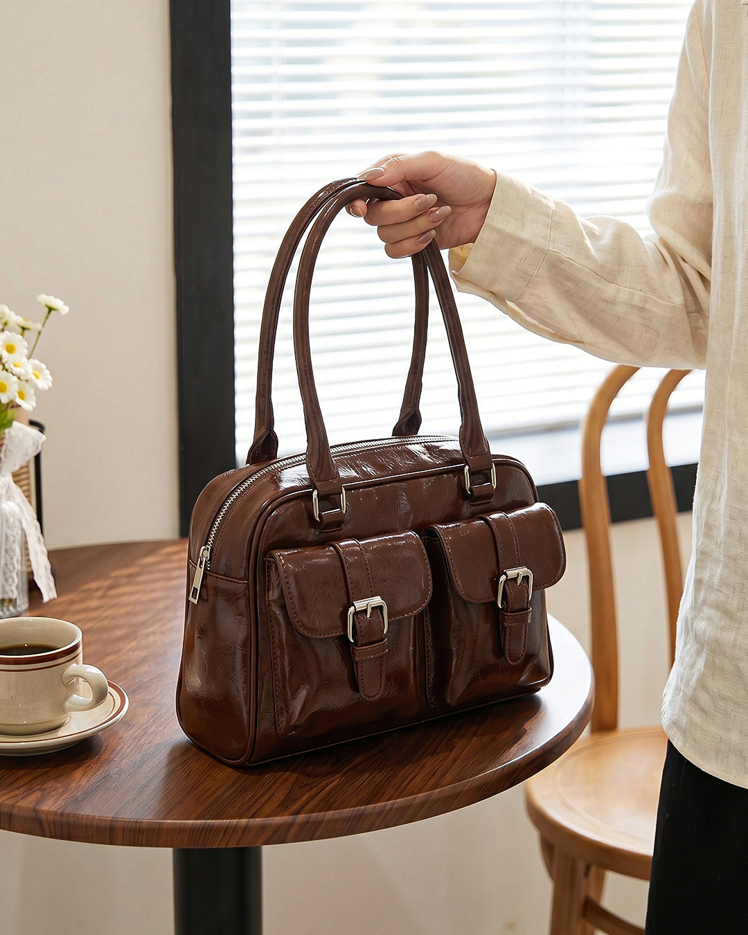 Y2K Patent Shoulder Handbag in Chocolate Brown- Littlebox India
