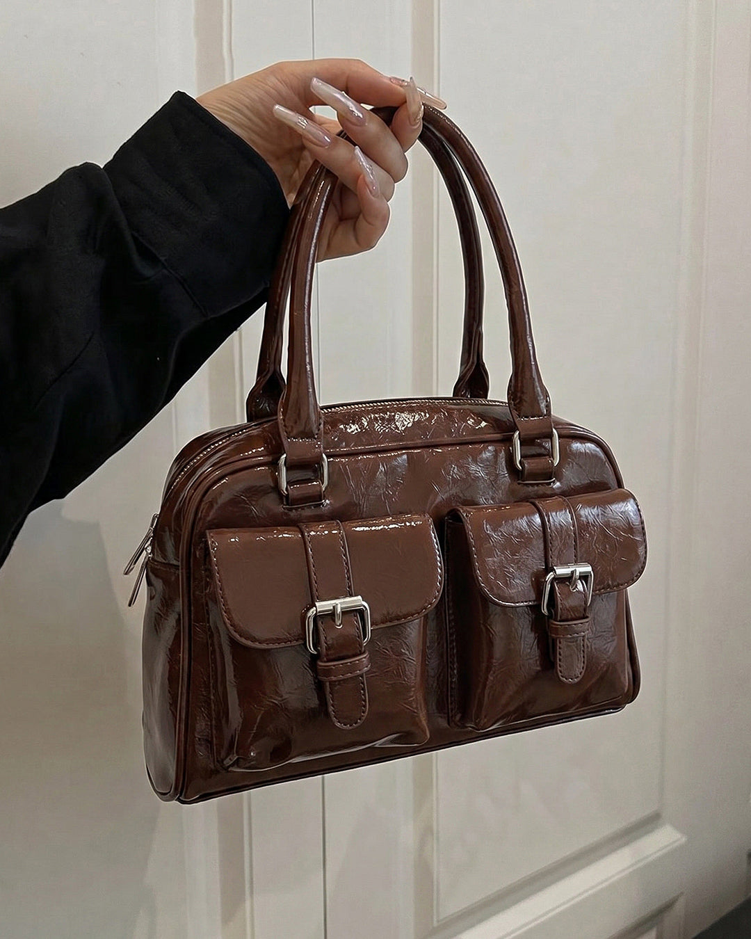 Y2K Patent Shoulder Handbag in Chocolate Brown- Littlebox India