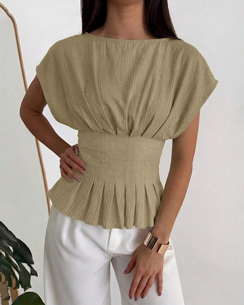 Boat Neck Fitted Flared Hem Solid Half Sleeves Top in Mocha Brown
