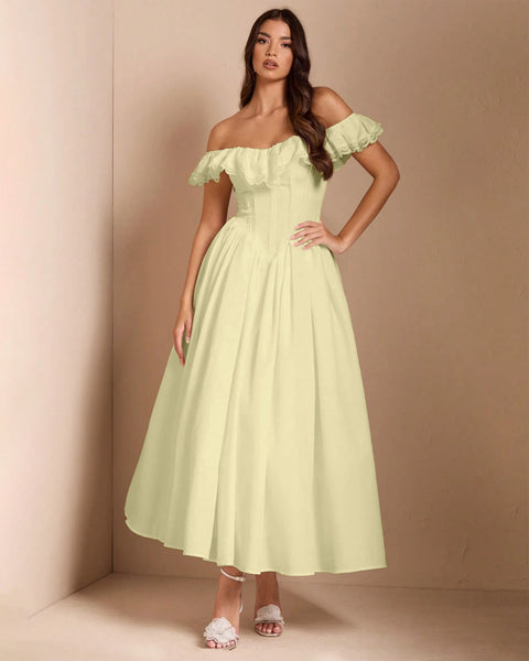 Off-Shoulder Fit and Flare Half Sleeves Maxi Dress in Vanilla