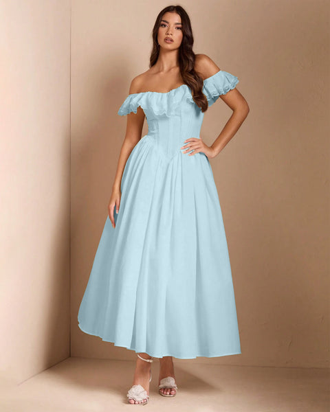 Off-Shoulder Fit and Flare Half Sleeves Maxi Dress in Baby Blue