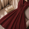 Shawl Collar Fit and Flare Pleated Midi Dress in Burgundy