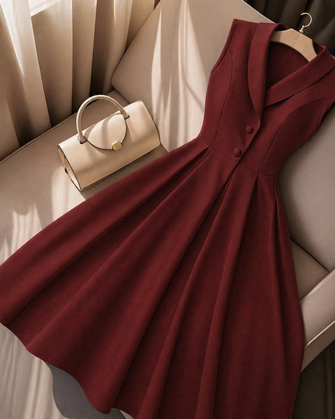 Shawl Collar Fit and Flare Pleated Midi Dress in Burgundy