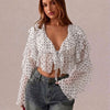 Classic White Polka Dot Deep V-Neck Slim-Fit Sheer Mesh Long Sleeve Crop Top