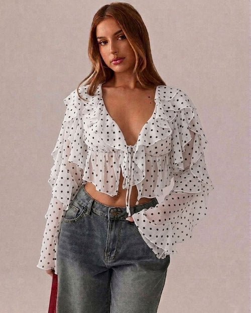 Classic White Polka Dot Deep V-Neck Slim-Fit Sheer Mesh Long Sleeve Crop Top