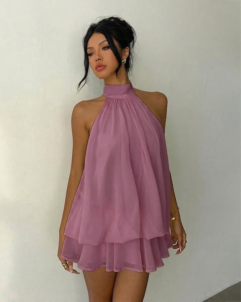 Halter Neck Relaxed Fit Sleeveless Mini Dress in Dusty Pink