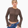 Round Neck Fitted Ruffle Hem Textured Full Sleeves Crop Top in Coffee Brown