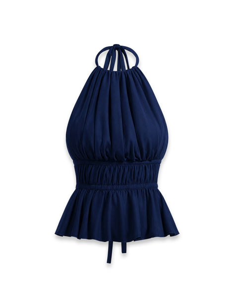 Halter Neck Fitted Flared Hem Solid Sleeveless Top in Navy Blue
