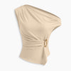 Textured Asymmetrical Neck Metal Detail Ruched Top in Nude Beige