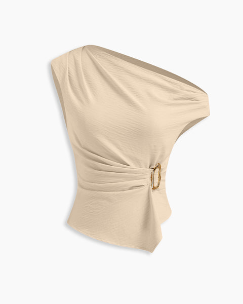 Textured Asymmetrical Neck Metal Detail Ruched Top in Nude Beige